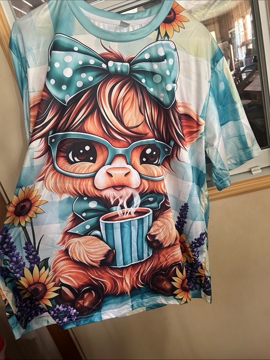 Tops - Cute Highland Cow Graphic Tee with Teal Bow and Sunflower Accents